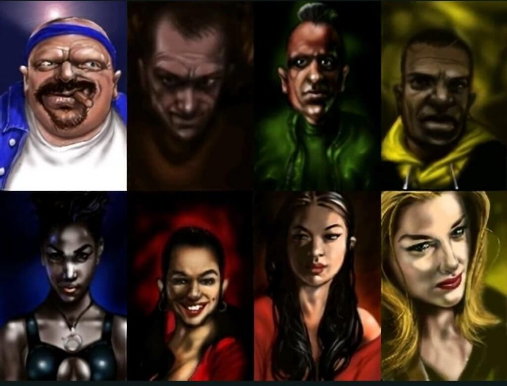Une photo des 8 personnages principaux du premier jeu Grand Threft Auto 1997