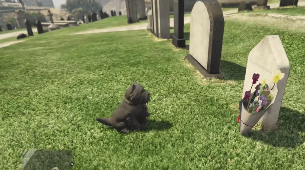Le chien Bobby devant la tombe de son ami (propriétaire) dans le jeu Grand Threft Auto V