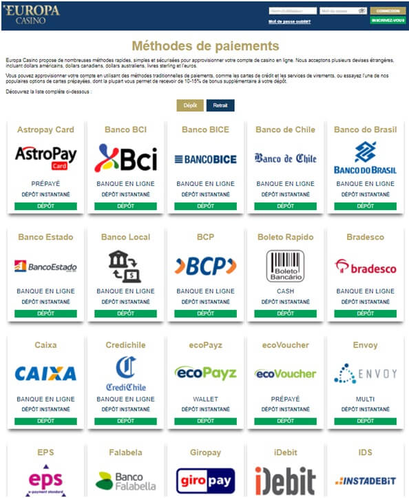 Options de dépôt du casino Europa