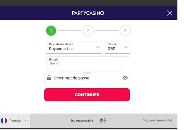 Partycasino S'inscrire en tant que joueur